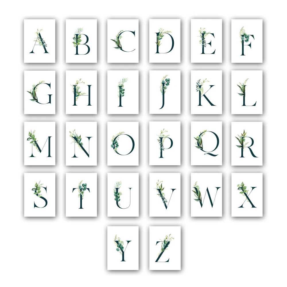 Name Customed Alphabet Chart Wall Art Print Green Plants Quotes Canvas Poster Nordic Letter Painting Living Room Decor Gift | Дом и сад