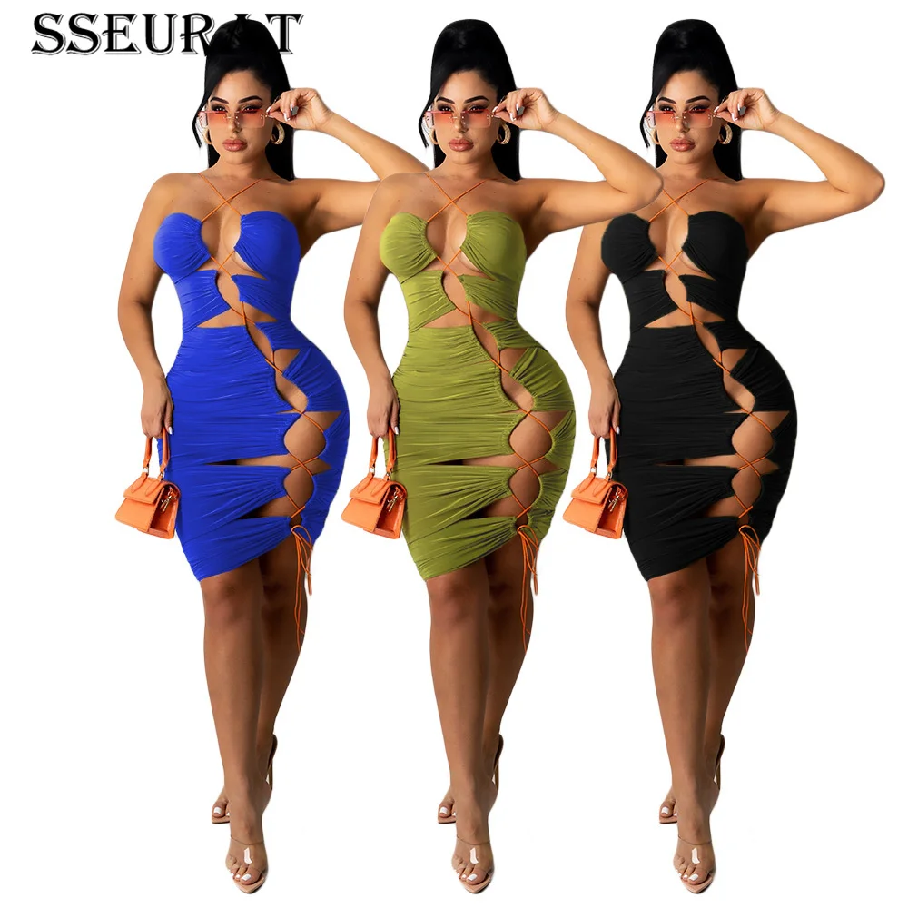 

SSEURAT Women Mini Dress Solid Spaghetti Strap Bandage Hollow Out Sleeveless Sheath Elastic Dresses Sexy Night Club Party Dress