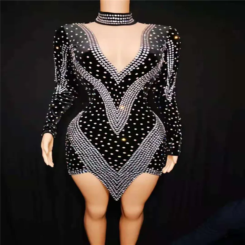 

H108 Singer Pole Dance Tight Party Elastic Stretched Show Sexy Diamond Drilling Chain Jumpsuit Long Sleeves Costume Pearls Model