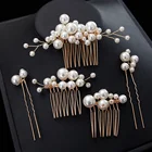 Свадебные гребни для волос с жемчужинами золотого цвета, аксессуары для невесты, цветочные U-образные заколки, украшения для волос невесты, ювелирные украшения для волос