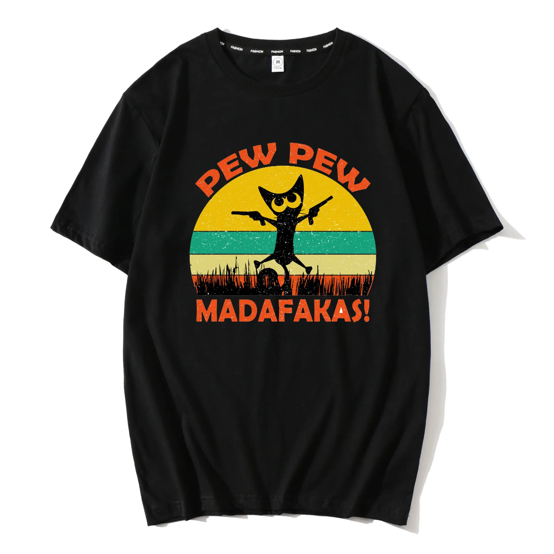 

Pew Pew Madafakas Mens Funny Cat Graphic Men's Cotton Crew Neck Short Sleeve T-Shirt Gifts Casual Printed T Shirt Tops