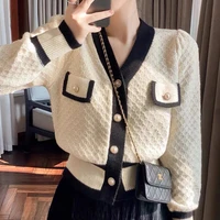 spring autumn women knitted sweater fashion v neck long sleeve pearl button cardigan sweater ladies vintage loose black jacket