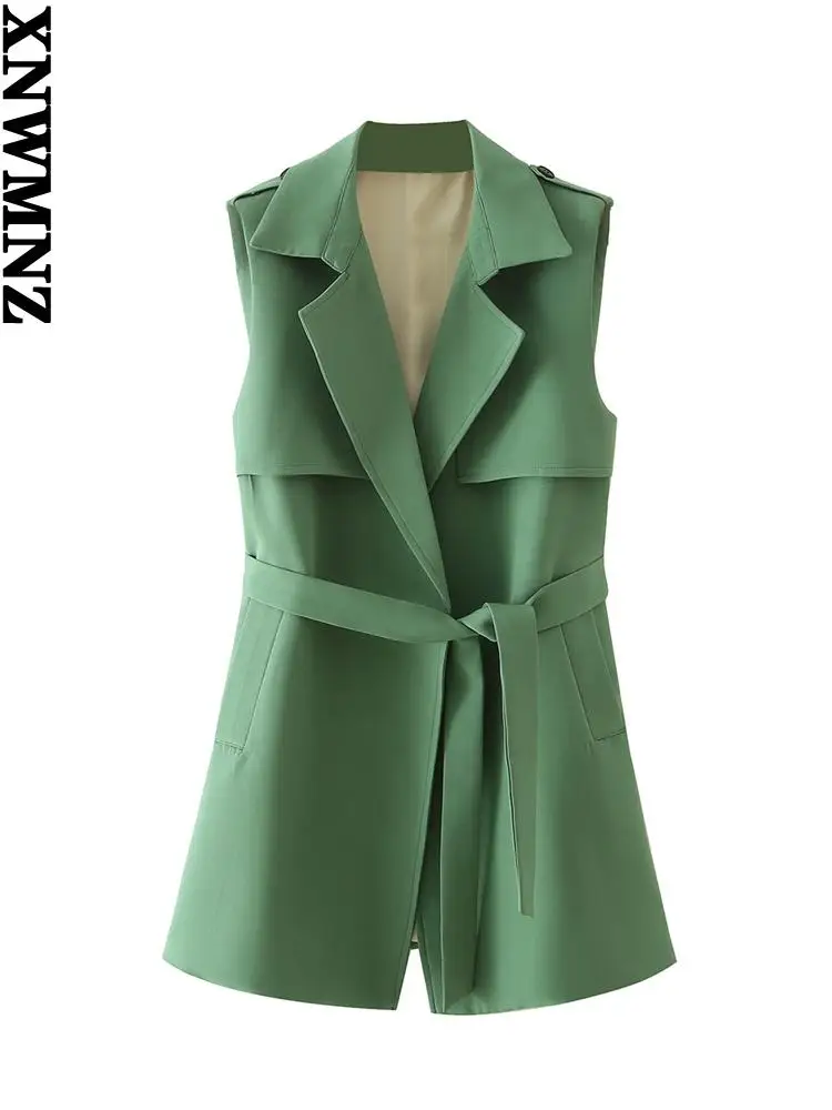 

XNWMNZ Женская мода 2022 с поясом открытый жилет винтажная женская верхняя одежда без рукавов шикарный жилет топы жилет куртка Женская длинная