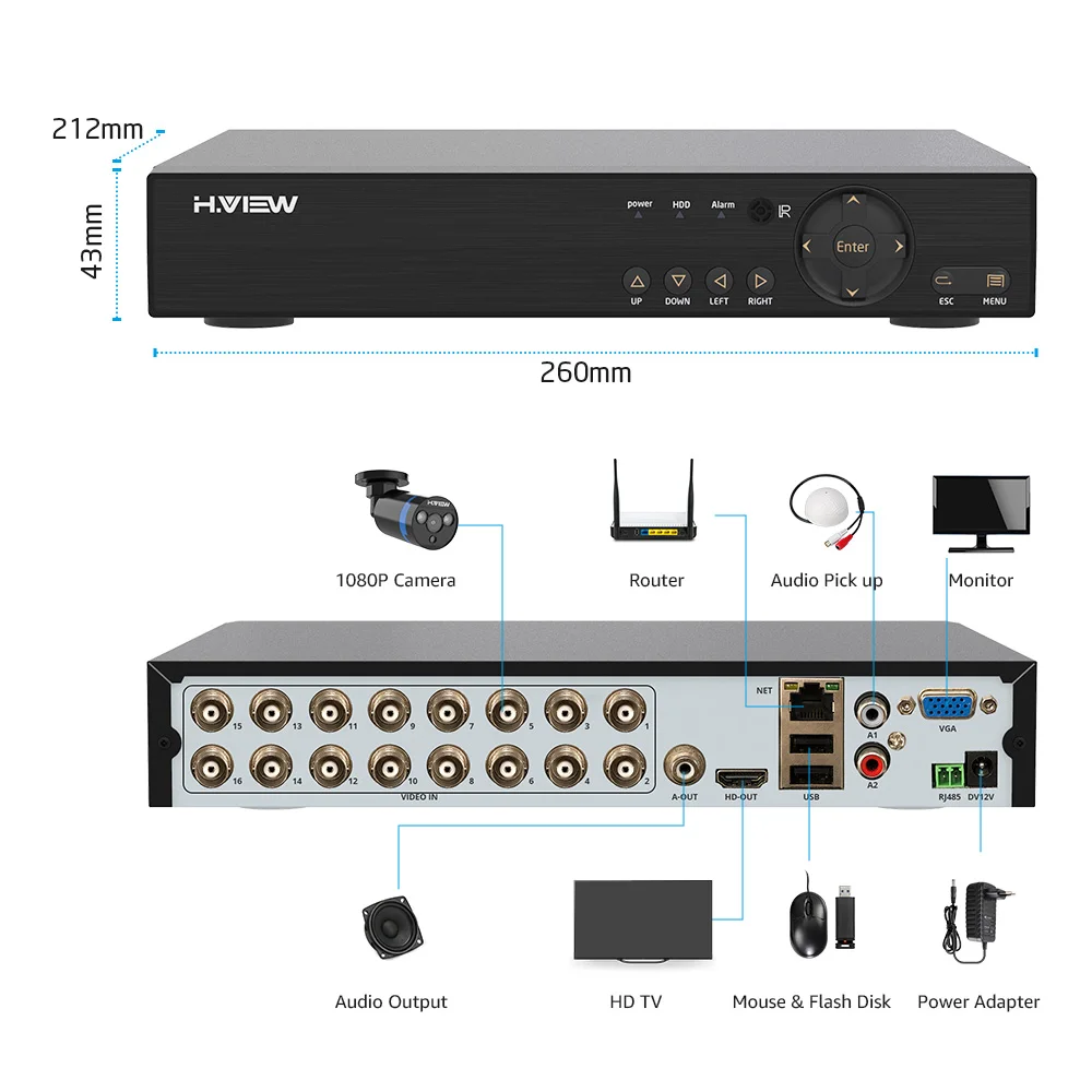 H. View 16CH система видеонаблюдения 8 1080P уличная камера безопасности 16CH CCTV DVR комплект видеонаблюдения iPhone Android Удаленный просмотр