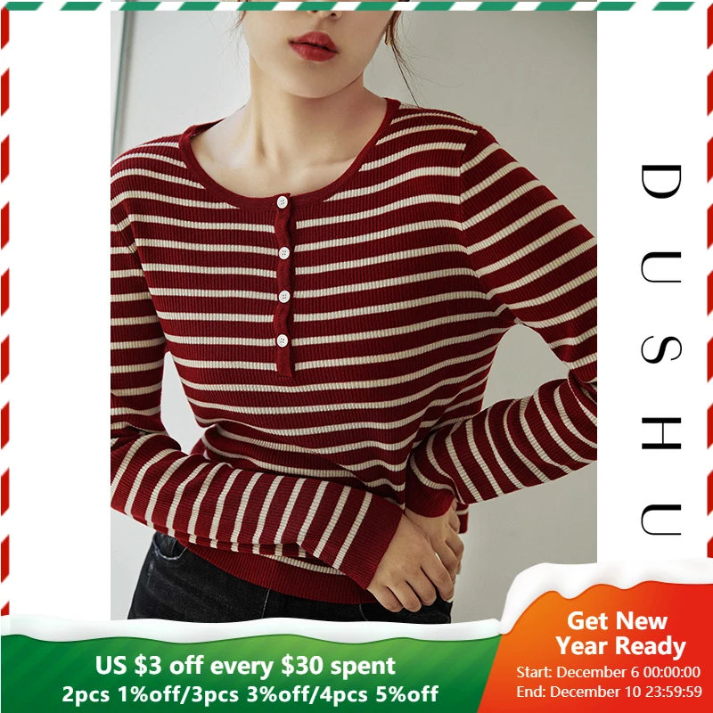 

Женский Повседневный полосатый свитер DUSHU, черный приталенный пуловер с длинным рукавом, Осенний базовый пуловер в стиле ретро