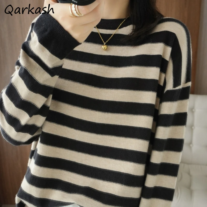 

Pullovers Women O-neck All-match Simple Female Elegant Casual 10 Colors Striped Warm Basic Daily Vintage Sweater Ulzzang Newest