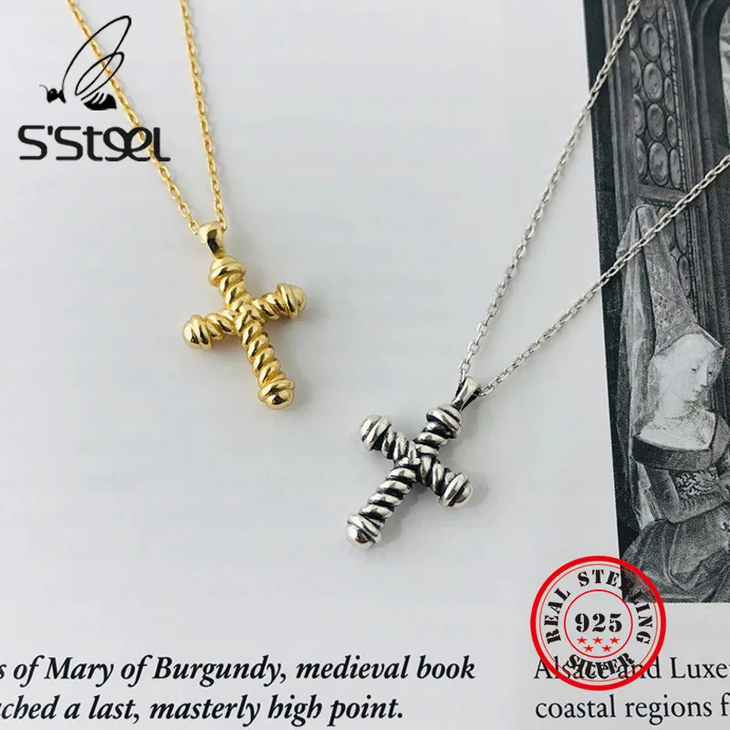 

S'STEEL Cross Pendants Necklaces For Women 925 Sterling Silver Charms Long Gold Necklace Plata De Ley Joyas Mujer Fine Jewellery