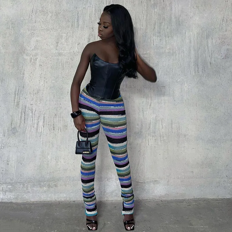 

Брюки женские трикотажные разноцветные в полоску, на осень/зиму