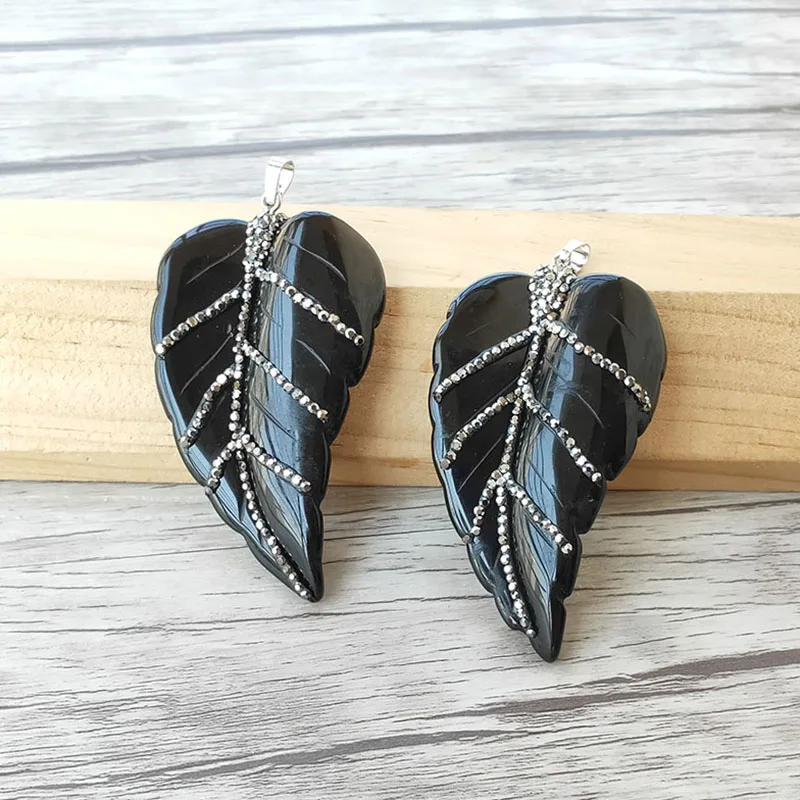 Pendant 5Pcs Hematite beads necklace,obsidian stone leaf shape charm Pendant rhinestone crystal pave For Women Jewelry NK517 - Окраска металла: Pendant