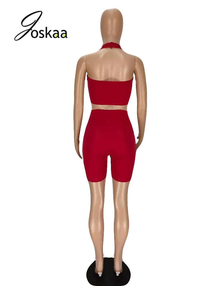 

Joskaa Women Active Sporty Outwear Two Pieces Set Halter Crop Top And Shorts Solid Bandage Fitness Sportswear Matching Tracksuit