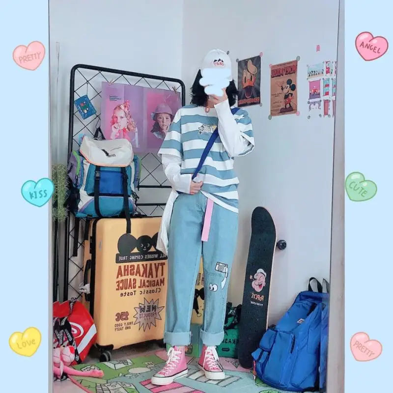 Харадзюку джинсовые широкие брюки японский Kpop Kawaii принты весна лето Femme милые