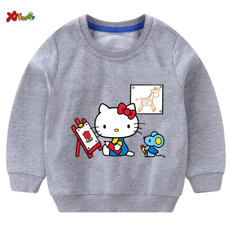 Свитшоты для маленьких девочек Футболка hello kitty г. Осенние толстовки для малышей, пуловер с длинными рукавами Модная одежда с героями мультфильмов красный, белый