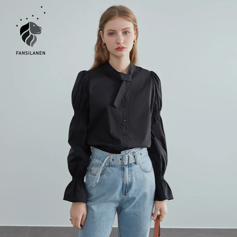 

FANSILANEN French Stand-up Collar Puff Sleeve Black Shirt Female New Spring 2021 Long-sleeved Fashion Shirt Womens Tops