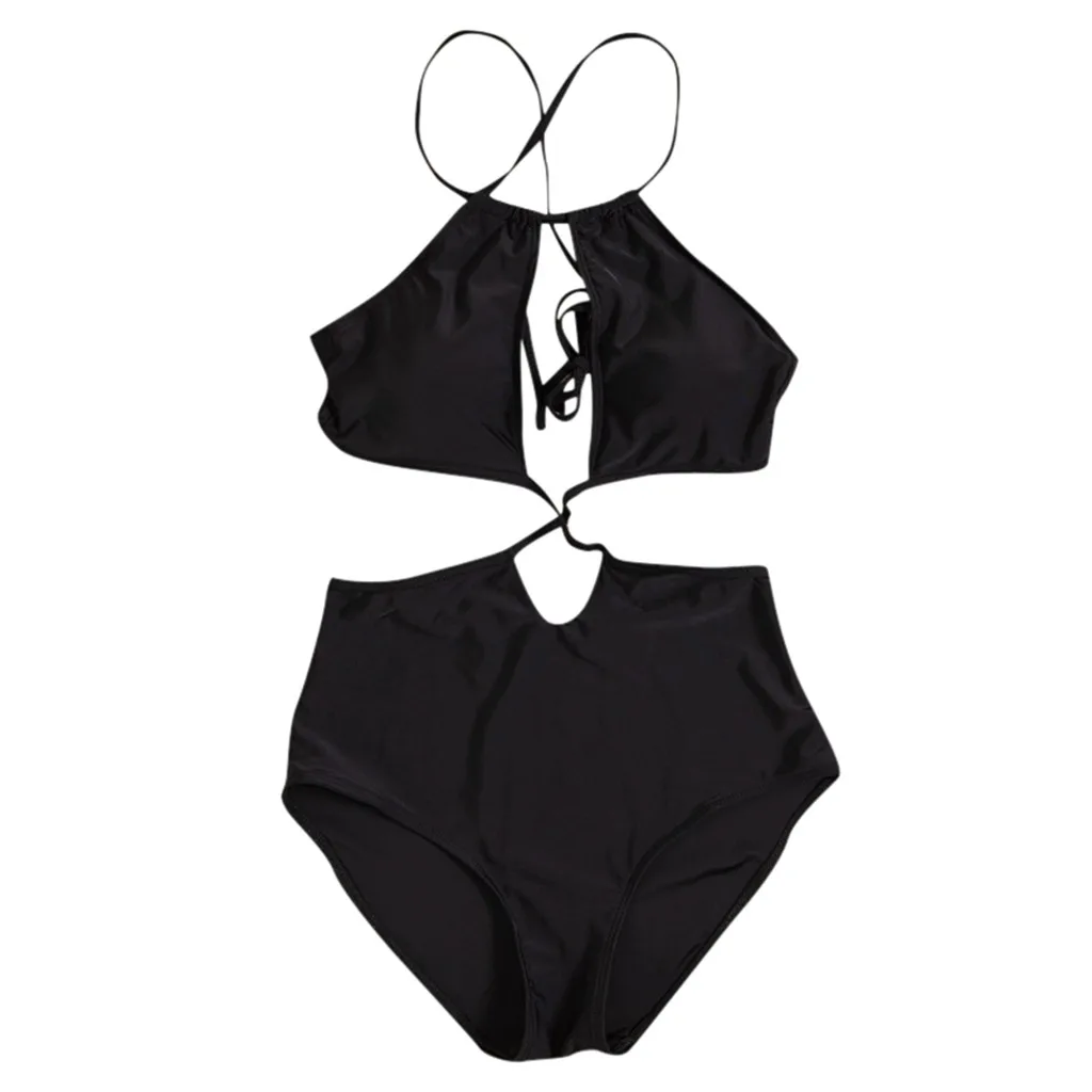 1pc Off-shoulder Top Ruffle +haigh waist Soild black Monokini Swimjupmsuit Irreqular Hollow out Swimsuit Tankini Padded Swimwear |