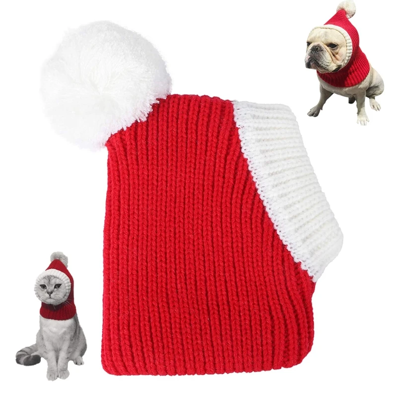 

Cute Cat Hat Pet Holiday Accessories Chrismas Red Headwear for Small/Medium Dogs Photo Props Winter Ear Neck Warmer