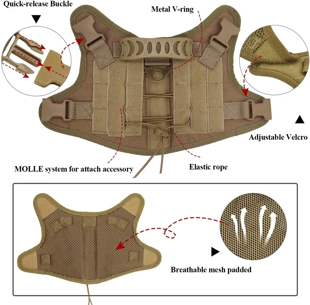 Arn&eacute;s t&aacute;ctico de entrenamiento para perros, chaleco de trabajo al aire libre, MOLLE militar ajustable con mango de goma, ropa para cachorros-3