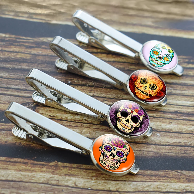 Мужской галстук клипса с принтом черепа и цветка из металлического сплава|Зажимы