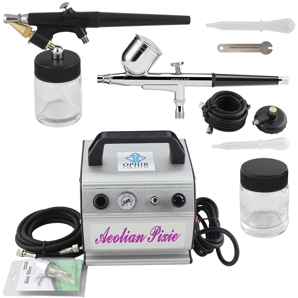 OPHIR Body Paint Dual 0.3mm & Single 0.8mm Action Airbrush Paint Gun Compressor Set for Tattoo Nail Art Makeup_AC088+AC004+AC071