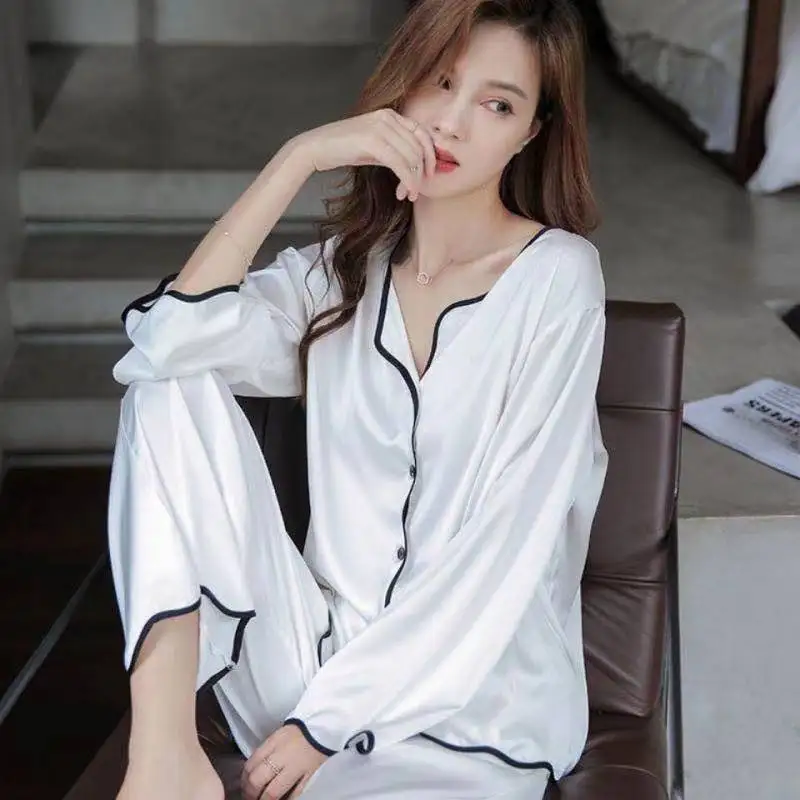 2021 Spring New Style Spring Summer Sexy Ice Silk Pajamas Set Solid Color Long Sleeve Trousers Edging Home Clothes Sleepwear