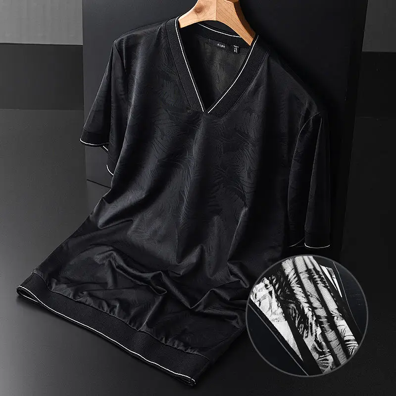 

Футболка окрашенная пряжей, темный, с V-образным вырезом и коротким рукавом, Мужской пуловер, летний, модный, контрастный, легкий, дышащий Топ...