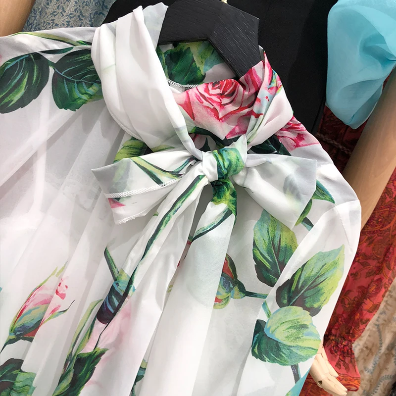 

2020Designer Autumn New Ladies Dress Bow Tie Collar Elastic Waist Printed Chiffon Dress