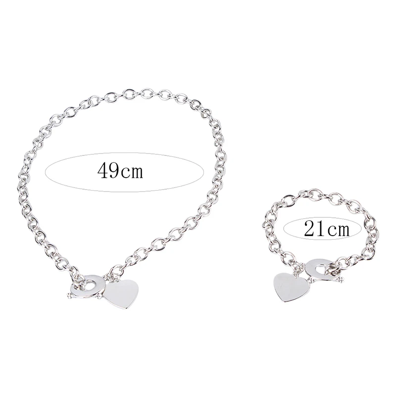 

Women Stainless Steel High Quality Charm Chain Heart Toggle Silver Color Bracelet & Necklace Jewelry Sets