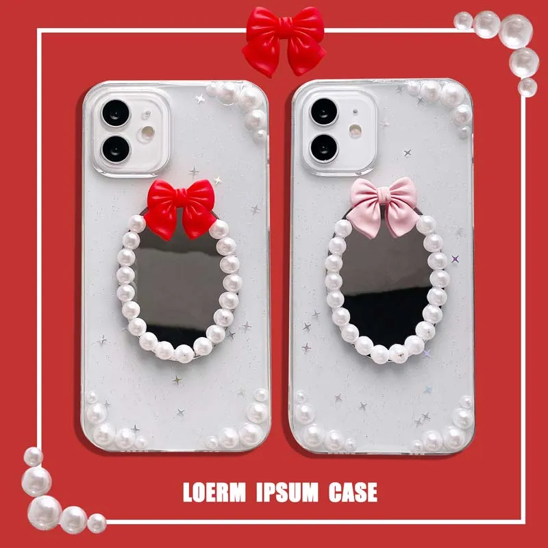 

Pearl bow Clear Makeup mirror Phone Case For iPhone 11 Pro Max XS Max XR X 7 8 Plus 12 Mini SE 2 Soft Silicone Transparent case
