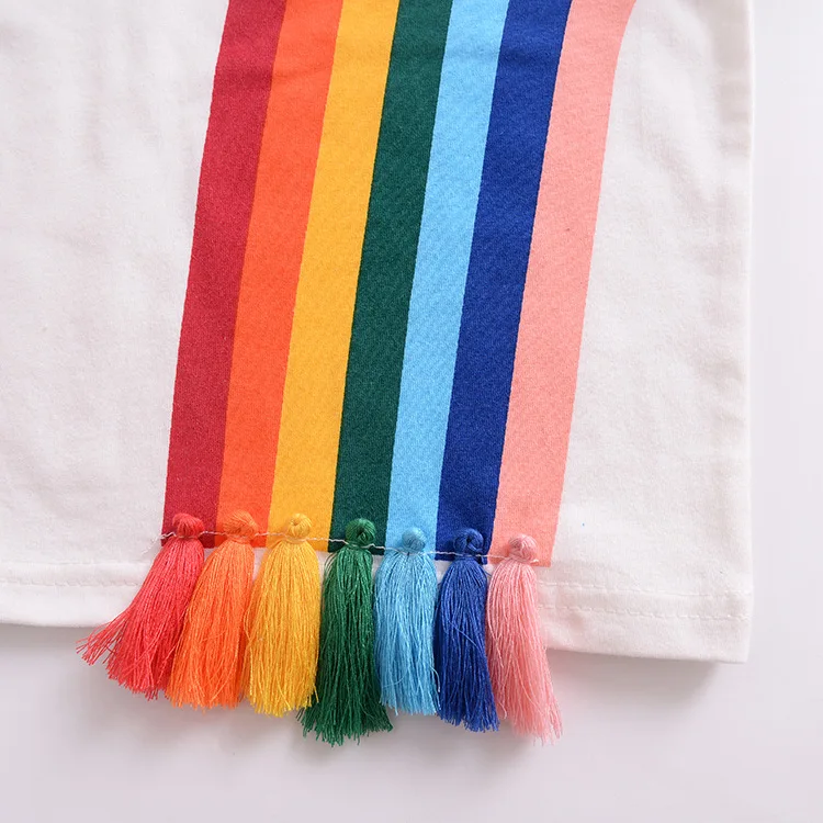 

Summer boys girls short sleeve tshirt toddler kids clothes rainbow stripes tassel tee top shirt round neck 1 to 6 yrs H877