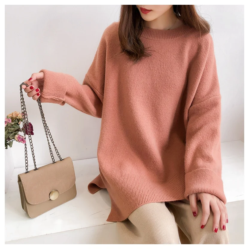 Женское трикотажное платье-свитер длинное прямое платье с круглым вырезом и