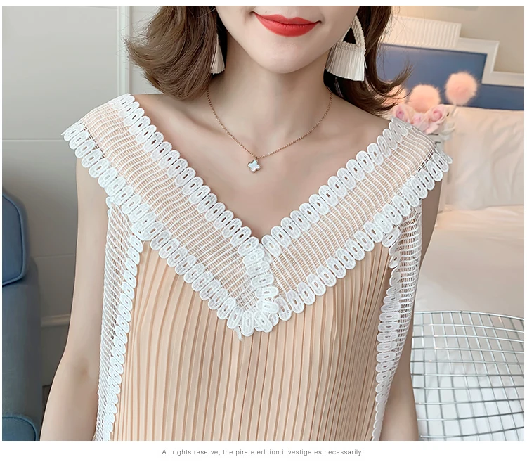 Summer Sleeveless/Long Sleeve Maternity Chiffon Pleated Dress V-neck Lace Patchwork Tassel Hem Pregnant Women Dress Sweet