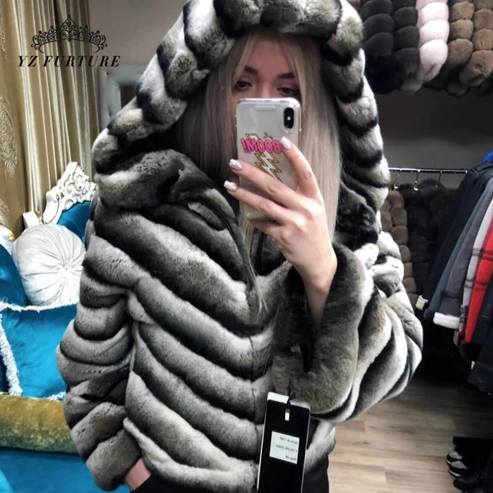 55cm long hood Горячая Распродажа, Женское пальто из натурального меха кролика рекс высокого качества, натуральный мех кролика Рекс шиншилла, зимняя куртка - Цвет: 55cm long hood