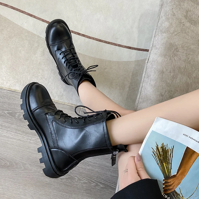 

Rock Shoes Woman Lady Boots Flat Heel Round Toe Boots-Women Lace Up Luxury Designer Ankle Lolita Med 2021 Rubber Autumn Fashion