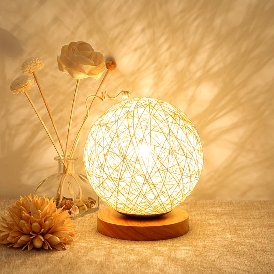 Colorful LED Desk Lamp With Remote Control RGB Light Stepless Dimmable Home Decoration 15cm Dia Twine Weaving Bedside Table | Лампы и