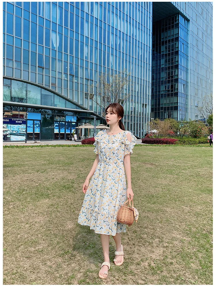 

Women's Dresses Chiffon Short Sleeve Dresse Loose Plus Size Print Fashion Casual O-neck Strapless A-LINE Dress Lady Houthion