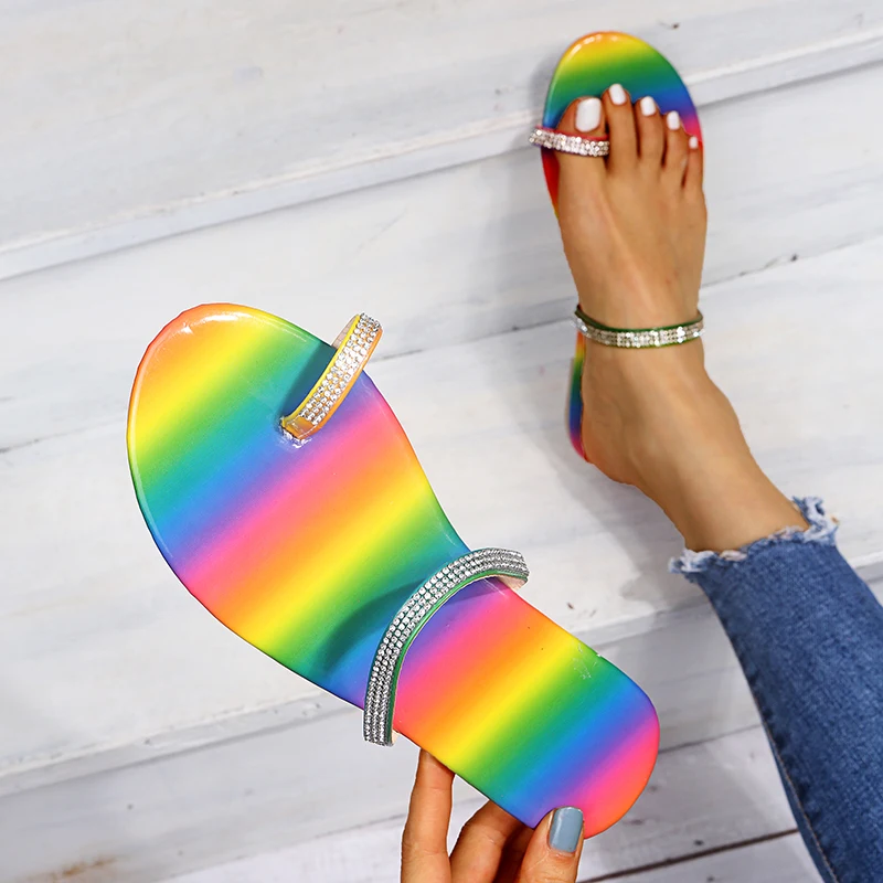 Crystal Flat Slippers Women Sandals Rainbow Snake Striped Slippers Beach Sandals 2023 Ladies Rhinestones Casual Summer Sandals