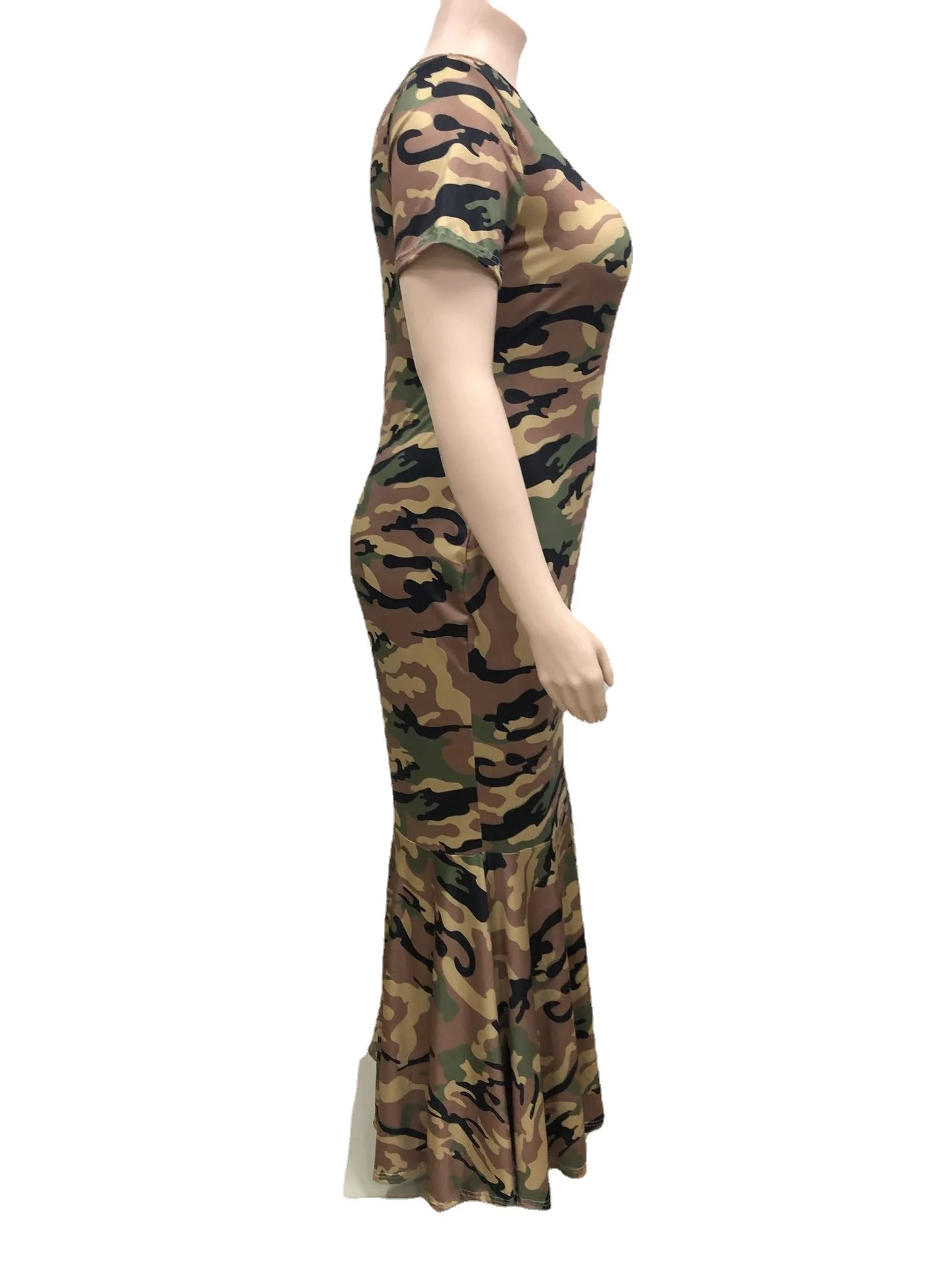 

Camouflage Printing Women Plus Size Mermaid Dresses Casual O-neck Short Sleeve High Waist Floor-length Dress 2021 Summer Latest