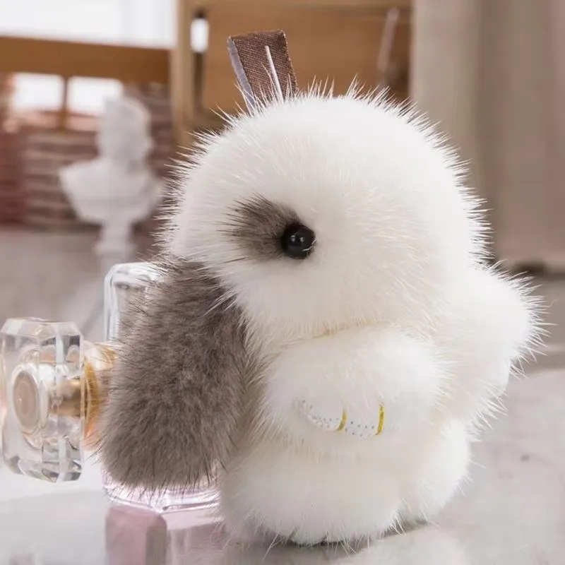 

Mini Real Mink Fur Cute Plush Bunny Rabbit Keychain Ladys Girls Bag Pendant Car Key Keyring Pompon Pendant Accessories