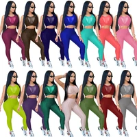 2020 new sports suit european and american womens tight perspective sexy sleeveless sports two piece set