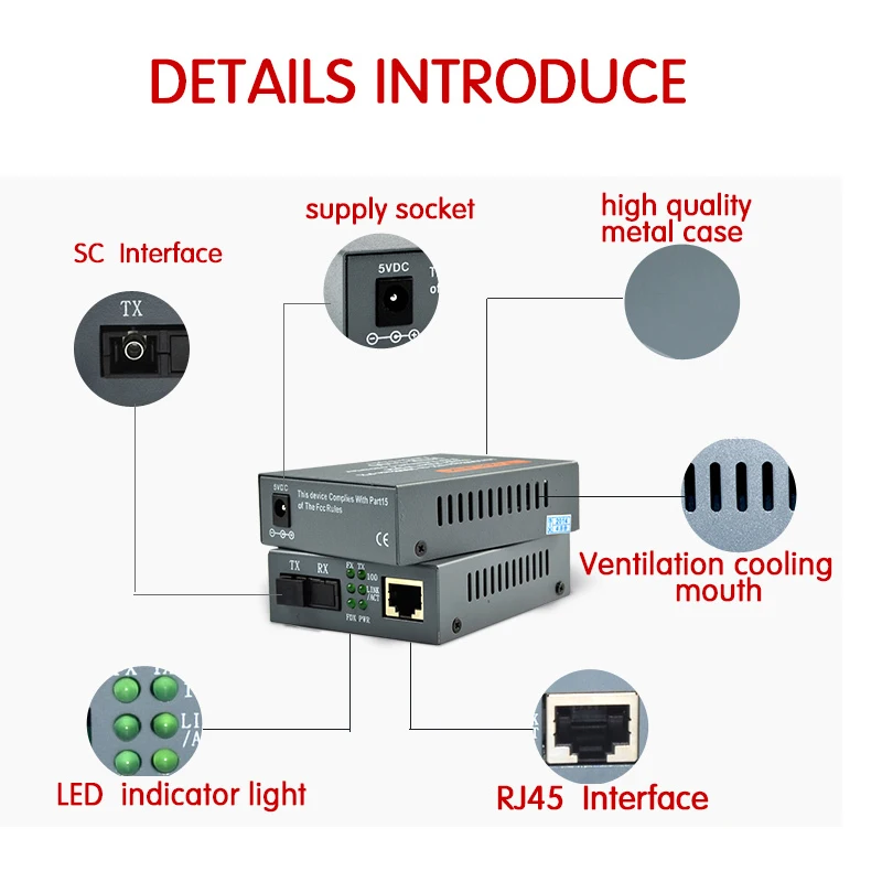 2 Pair HTB-3100AB Optical Fiber Media Converter 25km SC 10/100M Singlemode Single PCBA