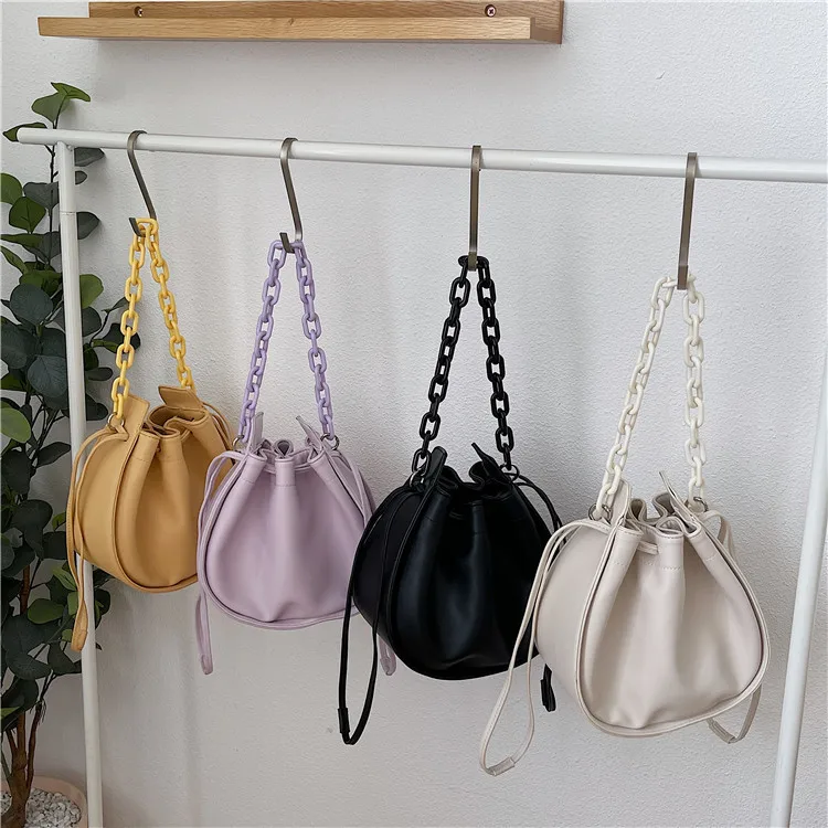 

Fall/winter new women's bag soft candy-colored messenger bag fashion popular chain shoulder bag drawstring pleated bucket bag