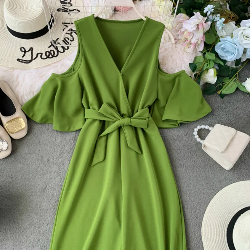 green Nepleo женские комбинезоны с высокой талией, летние, корейские Комбинезоны с v-образным вырезом и расклешенными рукавами, обтягивающие широкие боди 44523 - Цвет: green