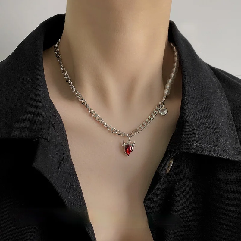 

U-Magical Statement Red Cow Rhinestone Pendant Necklace for Women Asymmetric Imitation Pearl Beaded Chain Necklace Jewelry