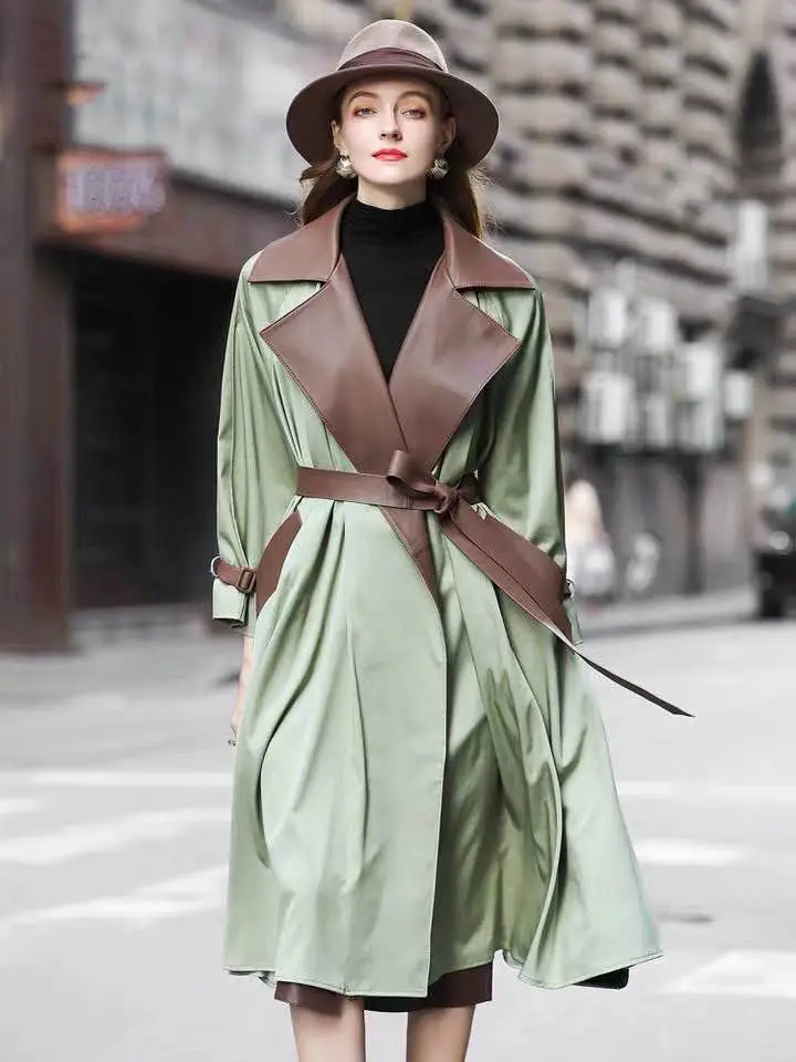 

Runway 2020 Winter New Long Trench Women Fashion Patchwork Long Real Leather Coat With Belt Female