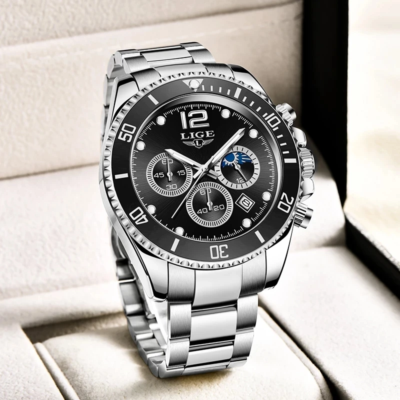 

LIGE 2021 Fashion New Diver Mens Watches Top Brand Luxury Waterproof Quartz Watch For Men Stainless Steel Sport Chronograph+Box