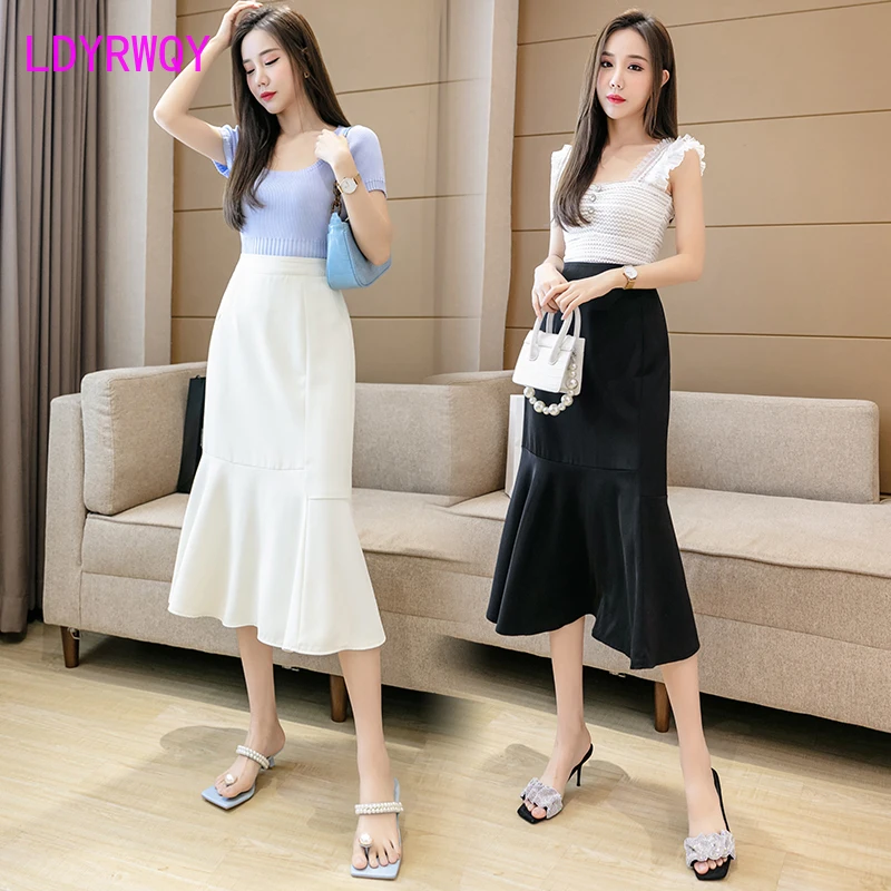 

LDYRWQY 2021 new summer Japanese and Korean self-cultivation solid color back split all-match large swing temperament skirt