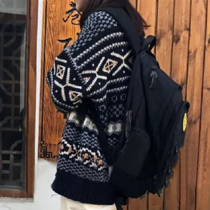 Женский вязаный свитер жаккардовый пуловер оверсайз свободный винтажный