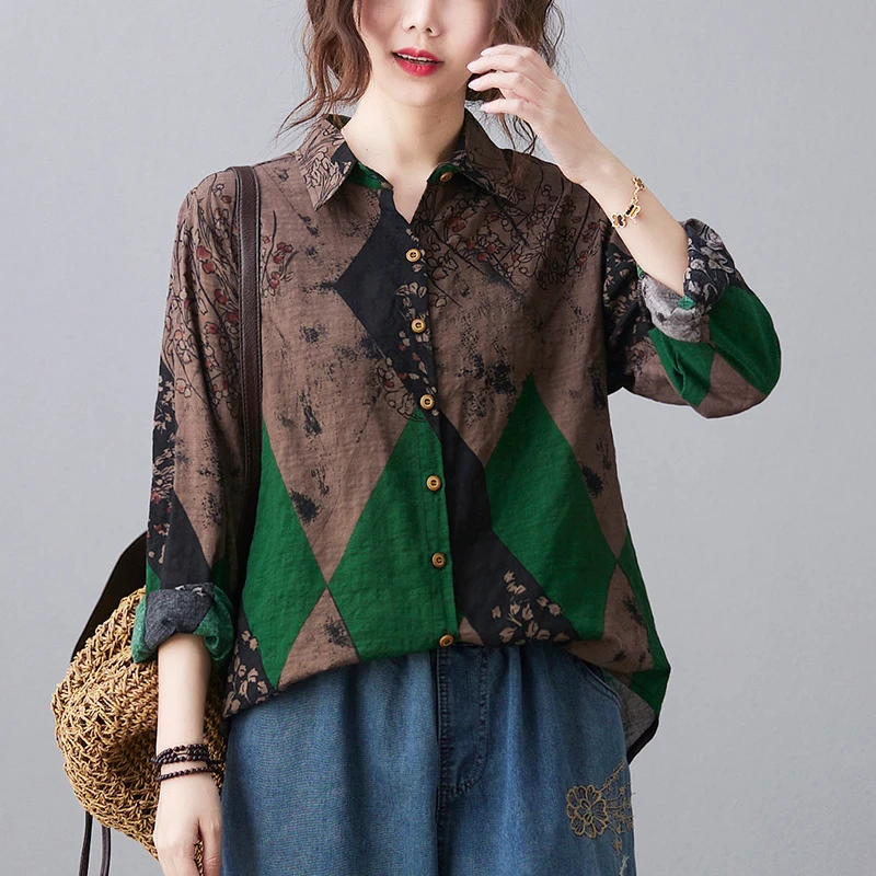 

Houthion Silk Women's Blouses Long Sleeve Plus Size Polo Shirt Korean Casual Tops Printed New Fashion Chiffon Blouse
