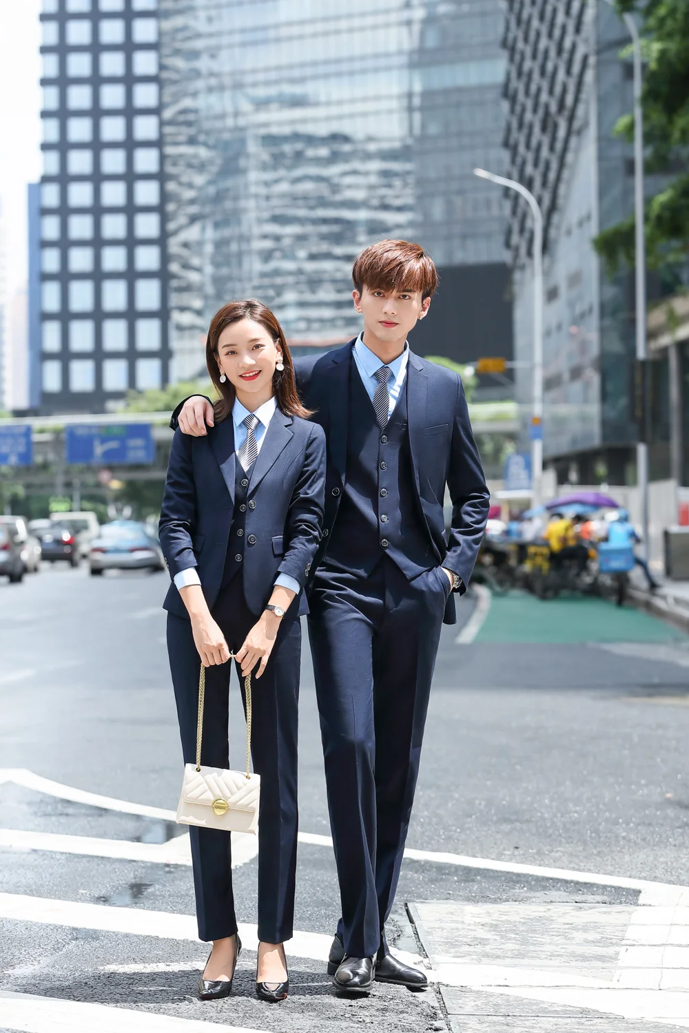 IZICFLY Autumn Office Ladies Uniform New Style Dark Blue Business Colleague Lovers Couple Men Women Suits With Pant Work Wear