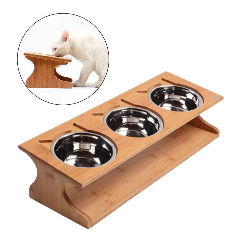 

Health Pet Feeder Three Bowls Stainless Steel with Bamboo Frame Stand Dog P9YB