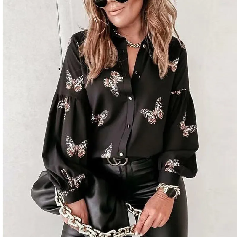 

Women Spring Turn-Down Collar Casual Shirt Vintage Printing Plus Size 3XL Button Tops Elegant Ladies Dating Party Clothes Blusas